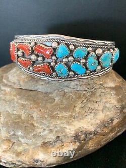 Hommes Native American Navajo Sterling Argent Turquoise Coral Bracelet 4676 Cadeau