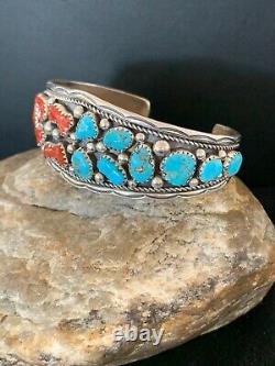Hommes Native American Navajo Sterling Argent Turquoise Coral Bracelet 4676 Cadeau