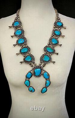 Huge Authentic Vintage Navajo Sterling Silver Turquoise Squash Collier Blossom