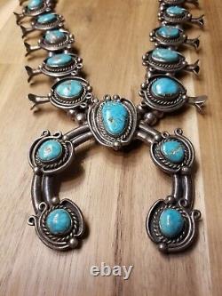 Incroyable Vintage Navajo Turquoise Sterling Silver Squash Blossom Collier Vieux