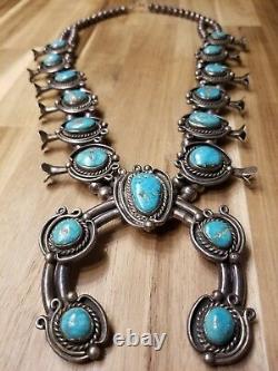 Incroyable Vintage Navajo Turquoise Sterling Silver Squash Blossom Collier Vieux