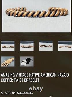 Incroyable bracelet torsadé en cuivre de style vintage amérindien navajo