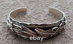 Intricate Sterling Silver Native American Feather Cuff Bracelet Signé Tb 6
