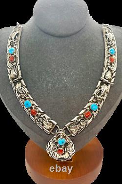 Keith James Navajo Sterling Silver Turquoise Coral Squash Blossom Bib Collier