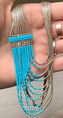 Lovely Native American Liquid 925 Silver Multi String Turquoise Collier Perlé