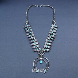 Lovely Vintage Navajo Argent Sterling Turquoise Box Bow Squash Blossom Collier