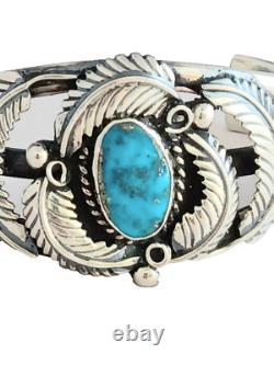 Magnifique grand bracelet manchette en argent sterling et turquoise amérindien Navajo