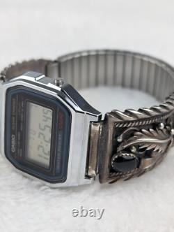 Montre Vintage Casio A158W Amérindienne Navajo STC Argent Sterling Bracelets en Onyx Noir