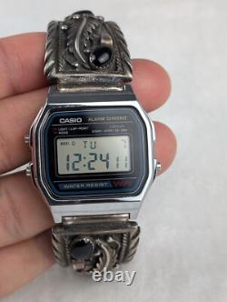 Montre Vintage Casio A158W Amérindienne Navajo STC Argent Sterling Bracelets en Onyx Noir