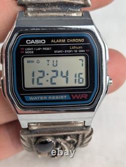 Montre Vintage Casio A158W Amérindienne Navajo STC Argent Sterling Bracelets en Onyx Noir