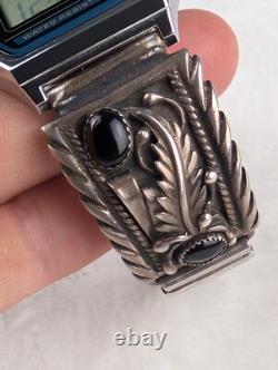 Montre Vintage Casio A158W Amérindienne Navajo STC Argent Sterling Bracelets en Onyx Noir