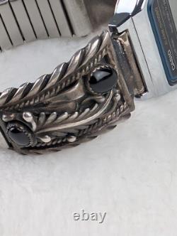 Montre Vintage Casio A158W Amérindienne Navajo STC Argent Sterling Bracelets en Onyx Noir