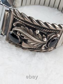 Montre Vintage Casio A158W Amérindienne Navajo STC Argent Sterling Bracelets en Onyx Noir