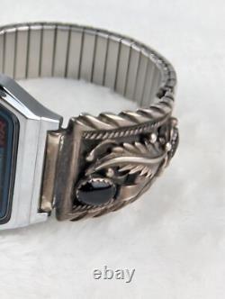 Montre Vintage Casio A158W Amérindienne Navajo STC Argent Sterling Bracelets en Onyx Noir