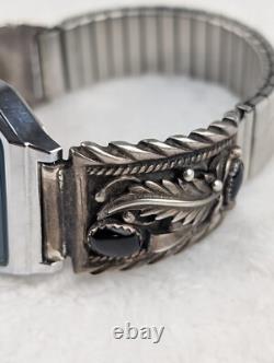 Montre Vintage Casio A158W Amérindienne Navajo STC Argent Sterling Bracelets en Onyx Noir