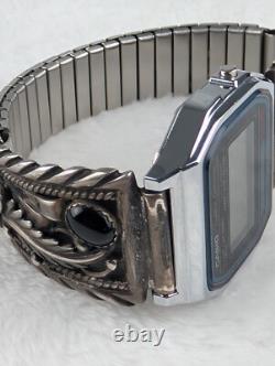 Montre Vintage Casio A158W Amérindienne Navajo STC Argent Sterling Bracelets en Onyx Noir