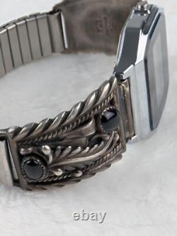 Montre Vintage Casio A158W Amérindienne Navajo STC Argent Sterling Bracelets en Onyx Noir