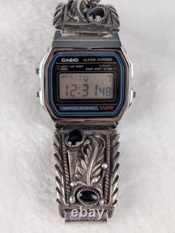 Montre Vintage Casio A158W Amérindienne Navajo STC Argent Sterling Bracelets en Onyx Noir
