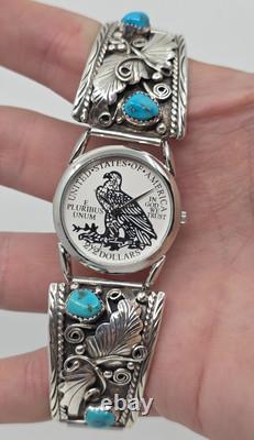 Montre en argent sterling Navajo Spencer avec turquoise amérindienne