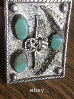Native Américaine Navajo Turquoise Sterling Silver Handmade Ww II Era Ceinture Boucle