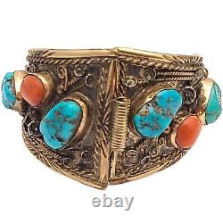 Native American Damon & Marie Thompson Sterling Silver Turquoise Coral Watchband