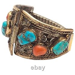 Native American Damon & Marie Thompson Sterling Silver Turquoise Coral Watchband
