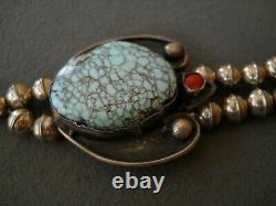 Native American Dry Creek Webbed Turquoise & Coral Collier De Perles D'argent Sterling