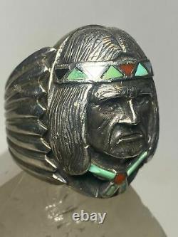 Native American Face Anneau Turquoise Corail Navajo Lourd Mop Sud-ouest Sterling Si