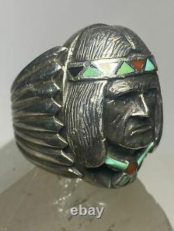 Native American Face Anneau Turquoise Corail Navajo Lourd Mop Sud-ouest Sterling Si