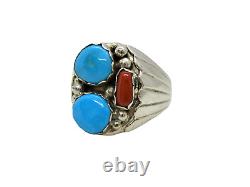 Native American Made Argent Sterling Homme Turquoise Coral Taille De Bague 13.5