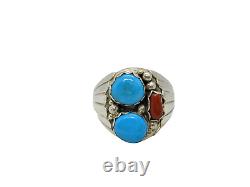 Native American Made Argent Sterling Homme Turquoise Coral Taille De Bague 13.5