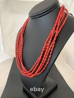 Native American Navajo 5 Strand Red Coral Sterling Silver Collier 1140