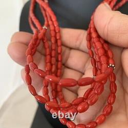 Native American Navajo 5 Strand Red Coral Sterling Silver Collier 1140