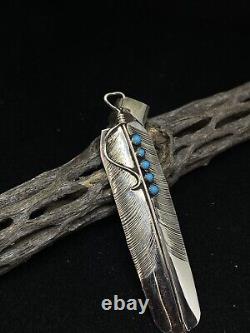 Native American Navajo Dormant Beauté Turquoise Feather Sterling Silver Pendentif