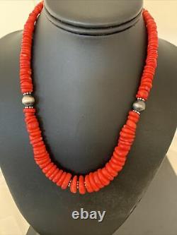 Native American Navajo Graduée Red Coral Perle Sterling Argent 18necklace01950