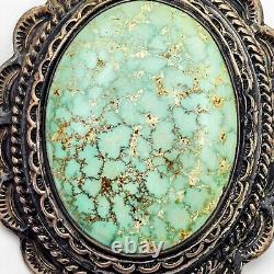 Native American Navajo Green Turquoise Silver Brooch Large Pierre Signé À La Main