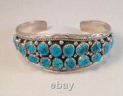 Native American Navajo Handmade Turquoise Cluster Sterling Silver Cuff Bracelet