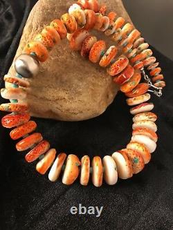 Native American Navajo Orange Spiny Oyster Turquoise Sterling Collier En Argent 22