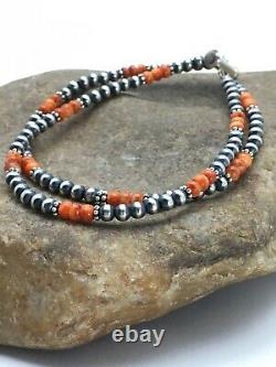 Native American Navajo Pearls Sterling Argent Orange Spiny Oyster Bracelet
