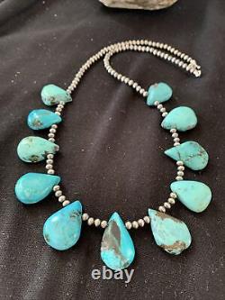 Native American Navajo Pearls Sterling Silver Blue Turquoise Collier 942
