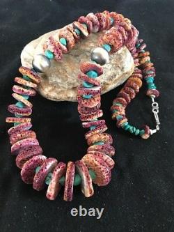 Native American Navajo Purple Spiny Oyster Turquoise Sterling Collier En Argent 24