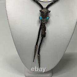 Native American Navajo Signé LL Sterling Silver Turquoise Vintage Bolo Tie