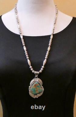 Native American Navajo Silver Large Pendentif Turquoise Et Perles D'argent