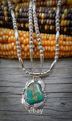 Native American Navajo Silver Large Pendentif Turquoise Et Perles D'argent