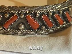 Native American Navajo Sterling Argent Coral Rouge Cuff Bracelet