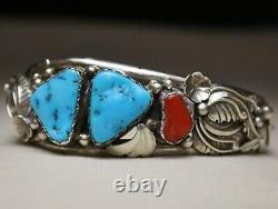 Native American Navajo Sterling Argent Coral Turquoise Foliate Cuff Bracelet