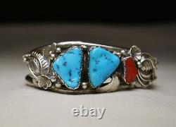 Native American Navajo Sterling Argent Coral Turquoise Foliate Cuff Bracelet