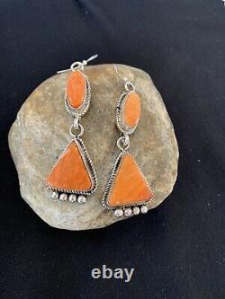 Native American Navajo Sterling Argent Orange Épineuse Oyster Dangl Boucles D'oreilles Set199