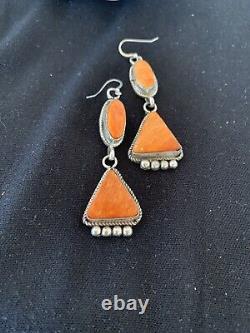 Native American Navajo Sterling Argent Orange Épineuse Oyster Dangl Boucles D'oreilles Set199