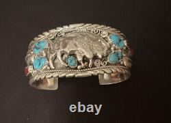 Native American Navajo Sterling Argent Turquoise Coral Buffalo Cuff Bracelet